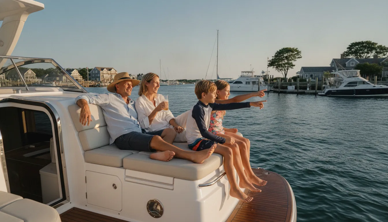 A family enjoying a summer day on a modern powerboat in a sunny New England harbor with a marina in the background