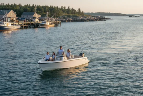 Family boating through Gloucester Harbor with the Cape Ann working waterfront in the background