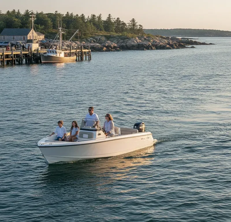 Family boating through Gloucester Harbor with the Cape Ann working waterfront in the background