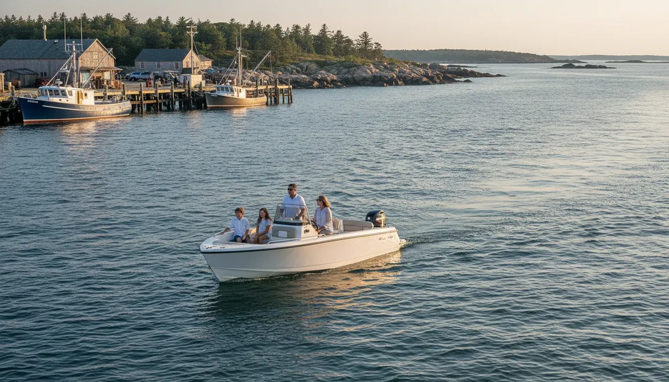Family boating through Gloucester Harbor with the Cape Ann working waterfront in the background