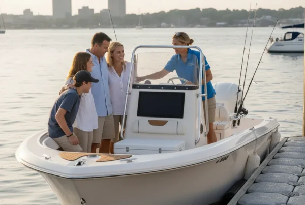 Family and boating instructor reviewing a boat at a Massachusetts marina
