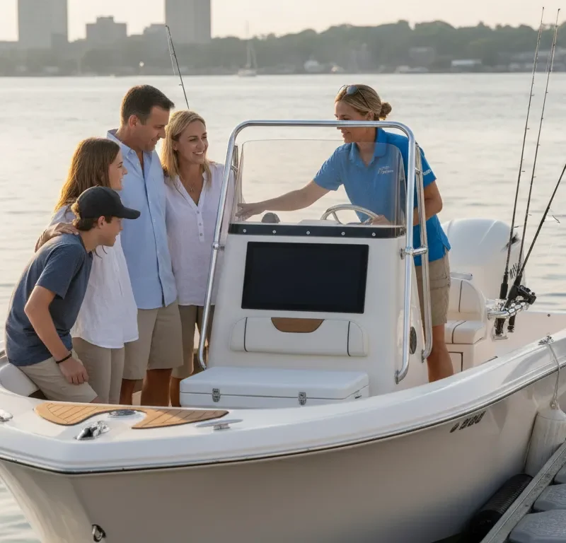 Family and boating instructor reviewing a boat at a Massachusetts marina