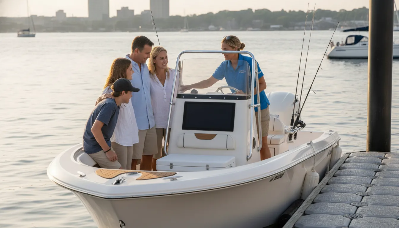 Family and boating instructor reviewing a boat at a Massachusetts marina