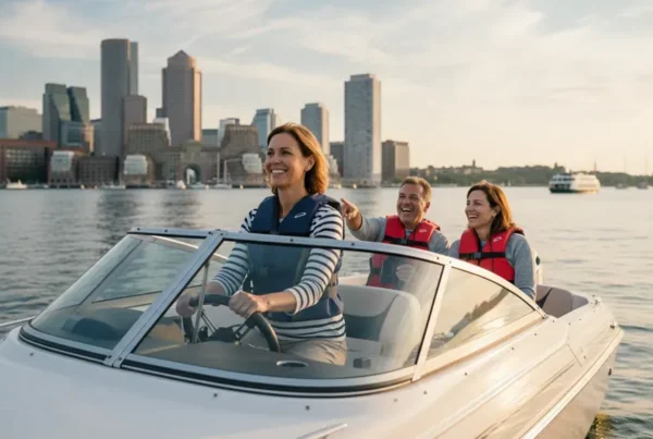Beginner learning how to drive a boat in Boston Harbor with passengers wearing life jackets
