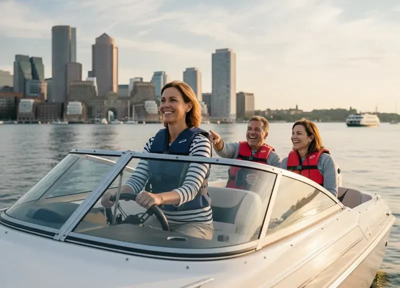 Beginner learning how to drive a boat in Boston Harbor with passengers wearing life jackets