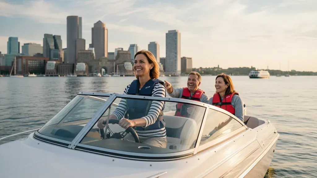 Beginner learning how to drive a boat in Boston Harbor with passengers wearing life jackets