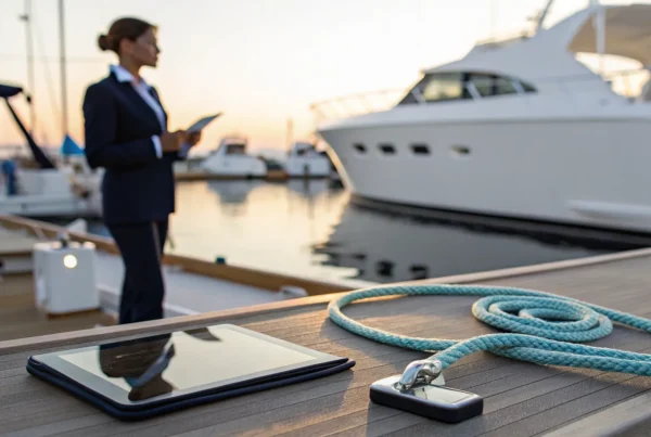 Woman on a dock researching how to get a boating license on a tablet.