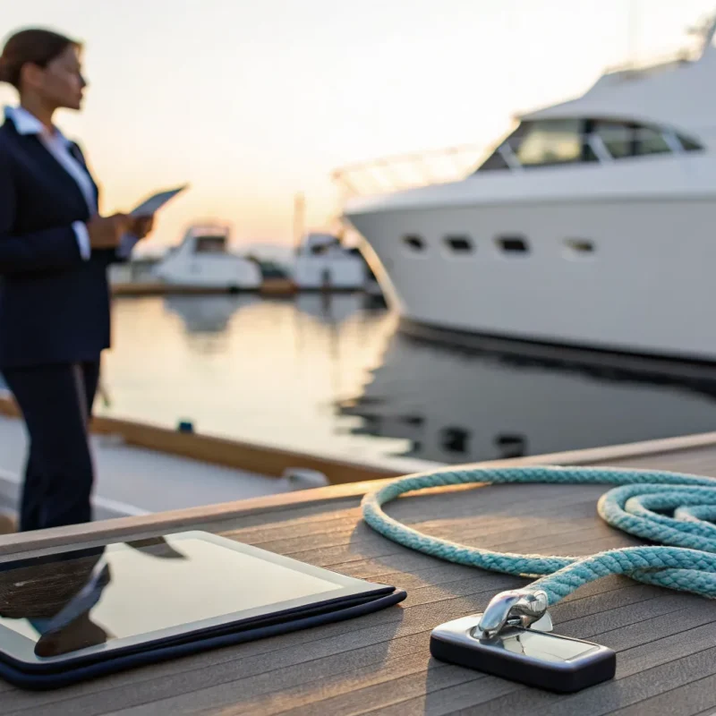 Woman on a dock researching how to get a boating license on a tablet.