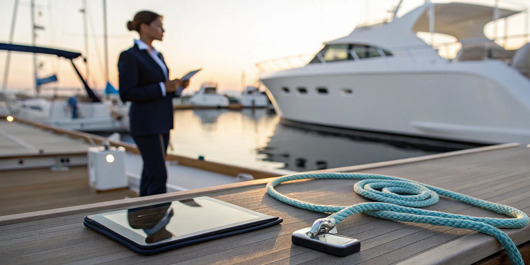 Woman on a dock researching how to get a boating license on a tablet.
