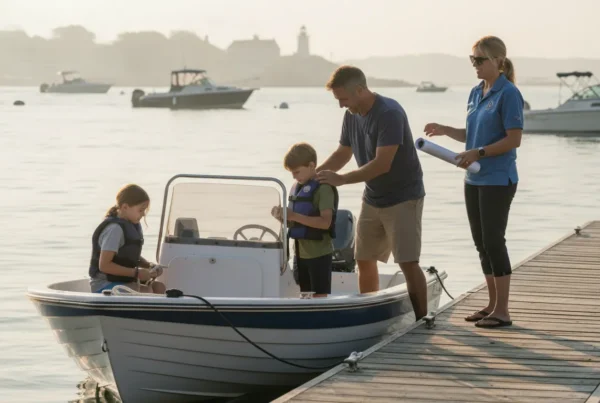 Massachusetts family preparing an open motorboat for a boating safety lesson