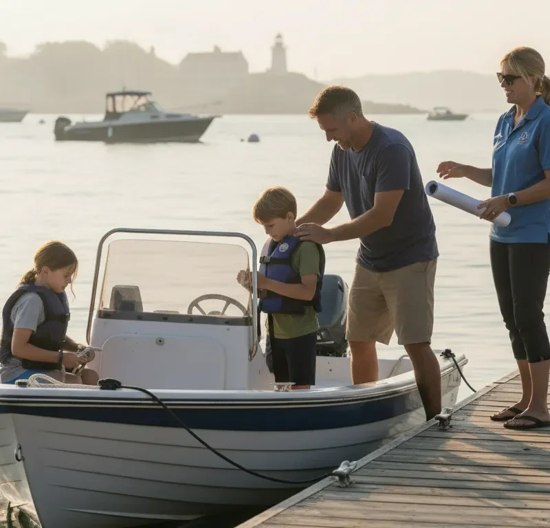 Massachusetts family preparing an open motorboat for a boating safety lesson