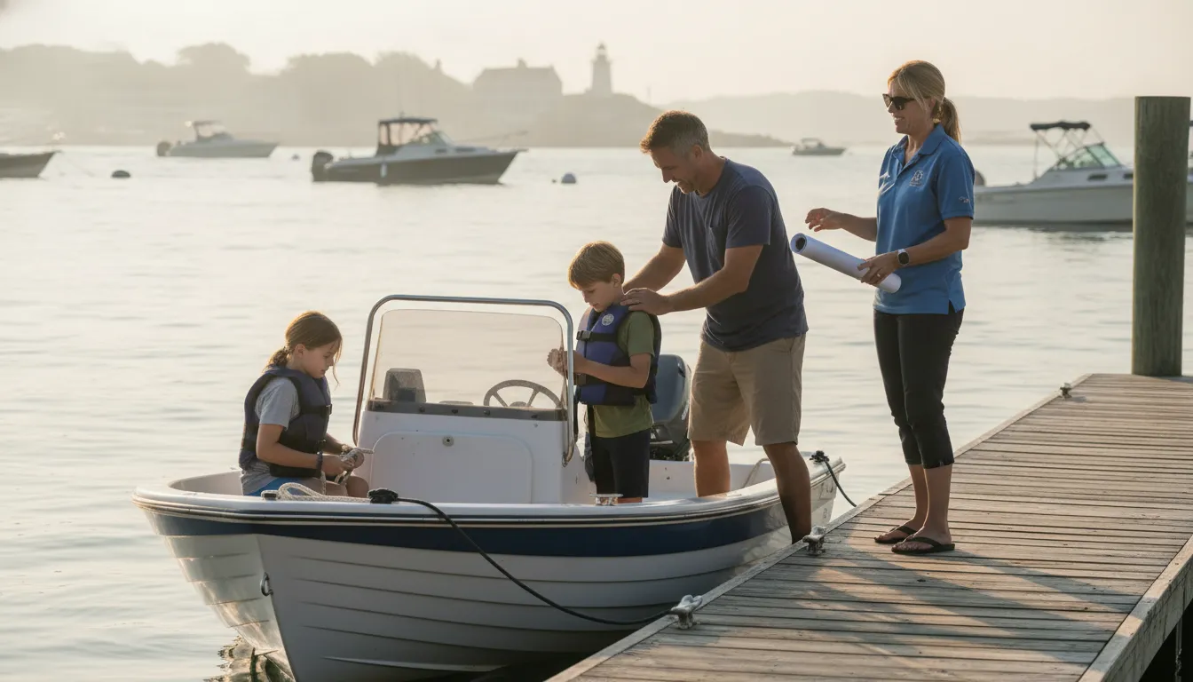 Massachusetts family preparing an open motorboat for a boating safety lesson