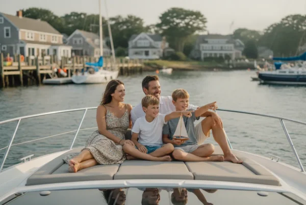 Family relaxing aboard a boat in a New England harbor