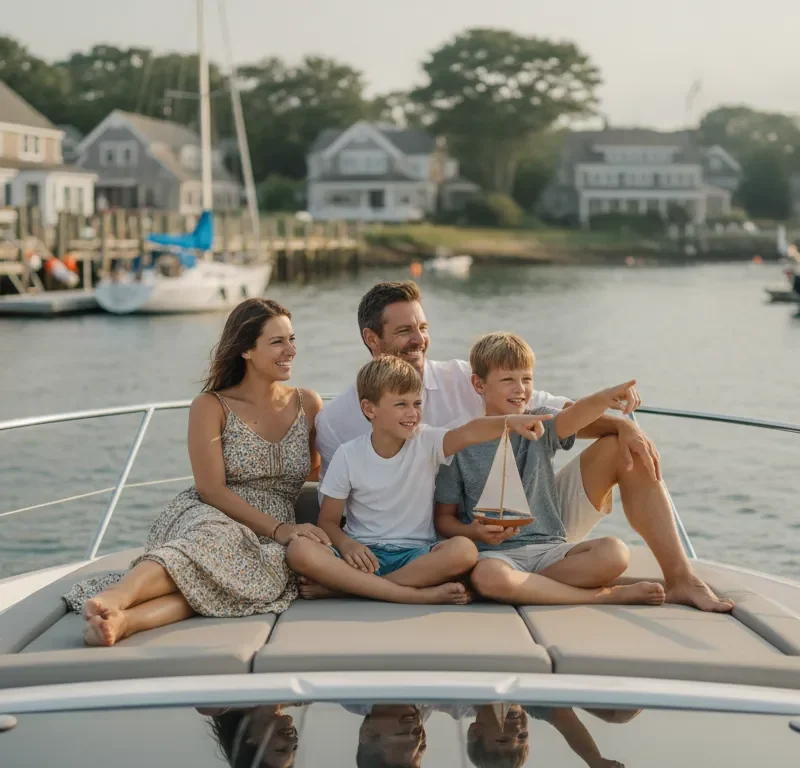 Family relaxing aboard a boat in a New England harbor