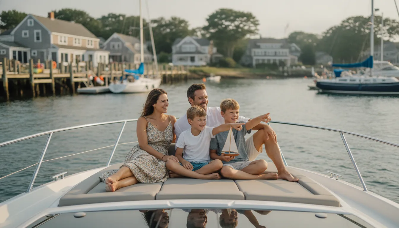Family relaxing aboard a boat in a New England harbor
