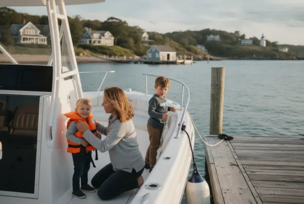 Family preparing for a boating trip at a Massachusetts harbor