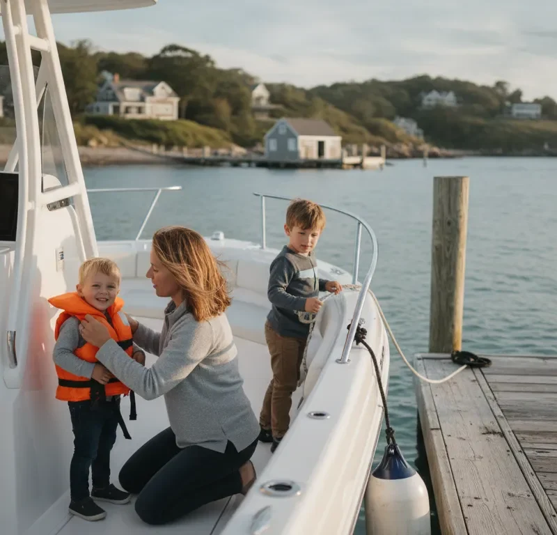 Family preparing for a boating trip at a Massachusetts harbor