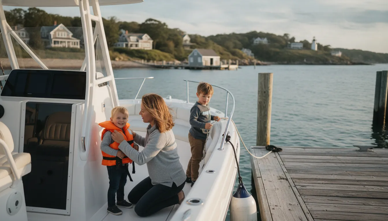 Family preparing for a boating trip at a Massachusetts harbor