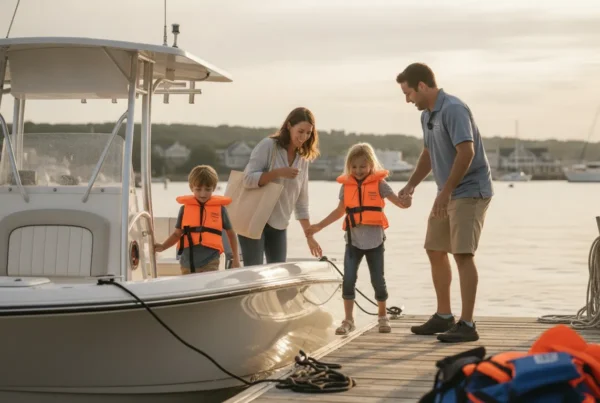 Massachusetts family preparing an open boat at a New England marina