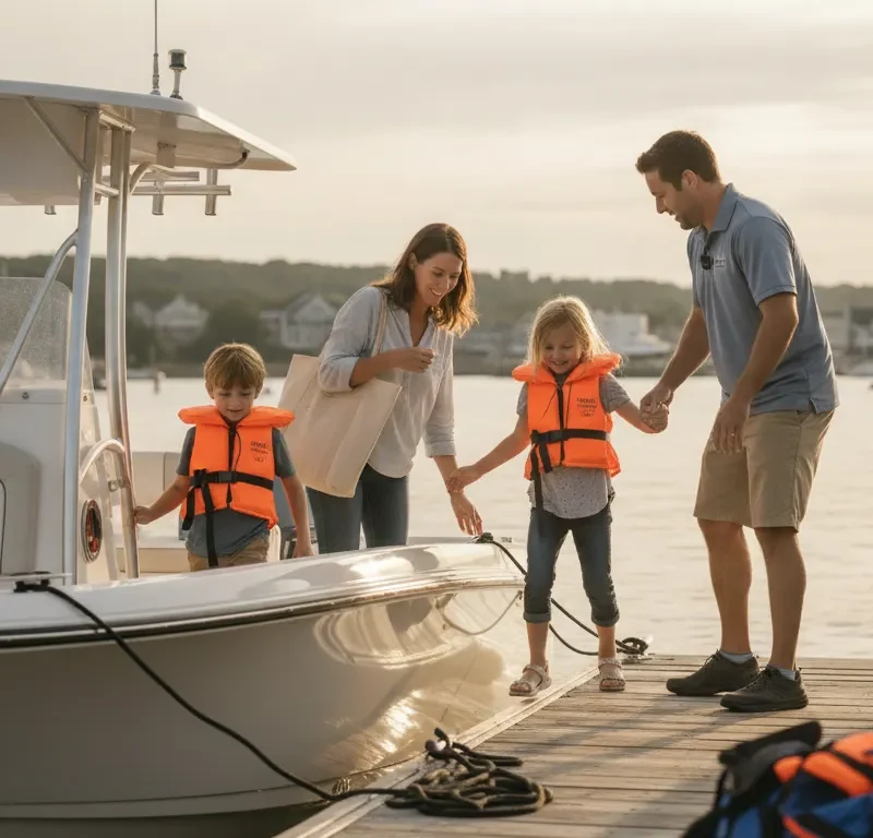 Massachusetts family preparing an open boat at a New England marina