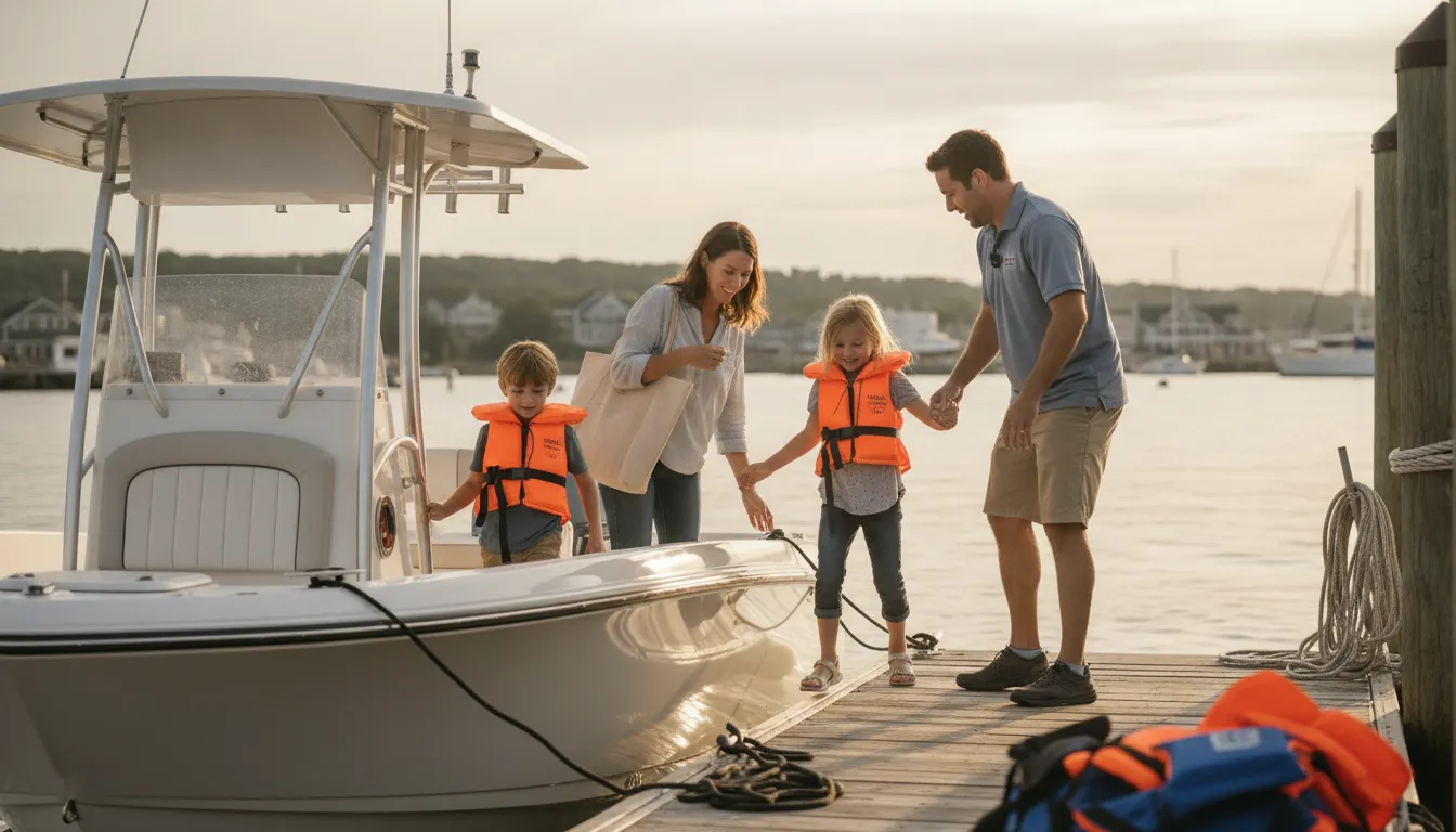 Massachusetts family preparing an open boat at a New England marina