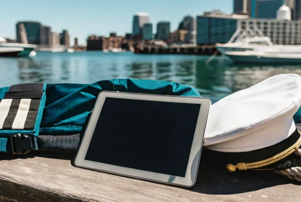 Boater safety certificate and navigation equipment on a dock with Boston skyline in the background at a New England harbor