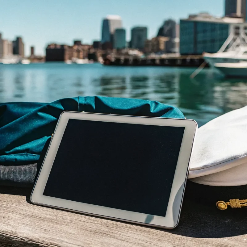 Boater safety certificate and navigation equipment on a dock with Boston skyline in the background at a New England harbor