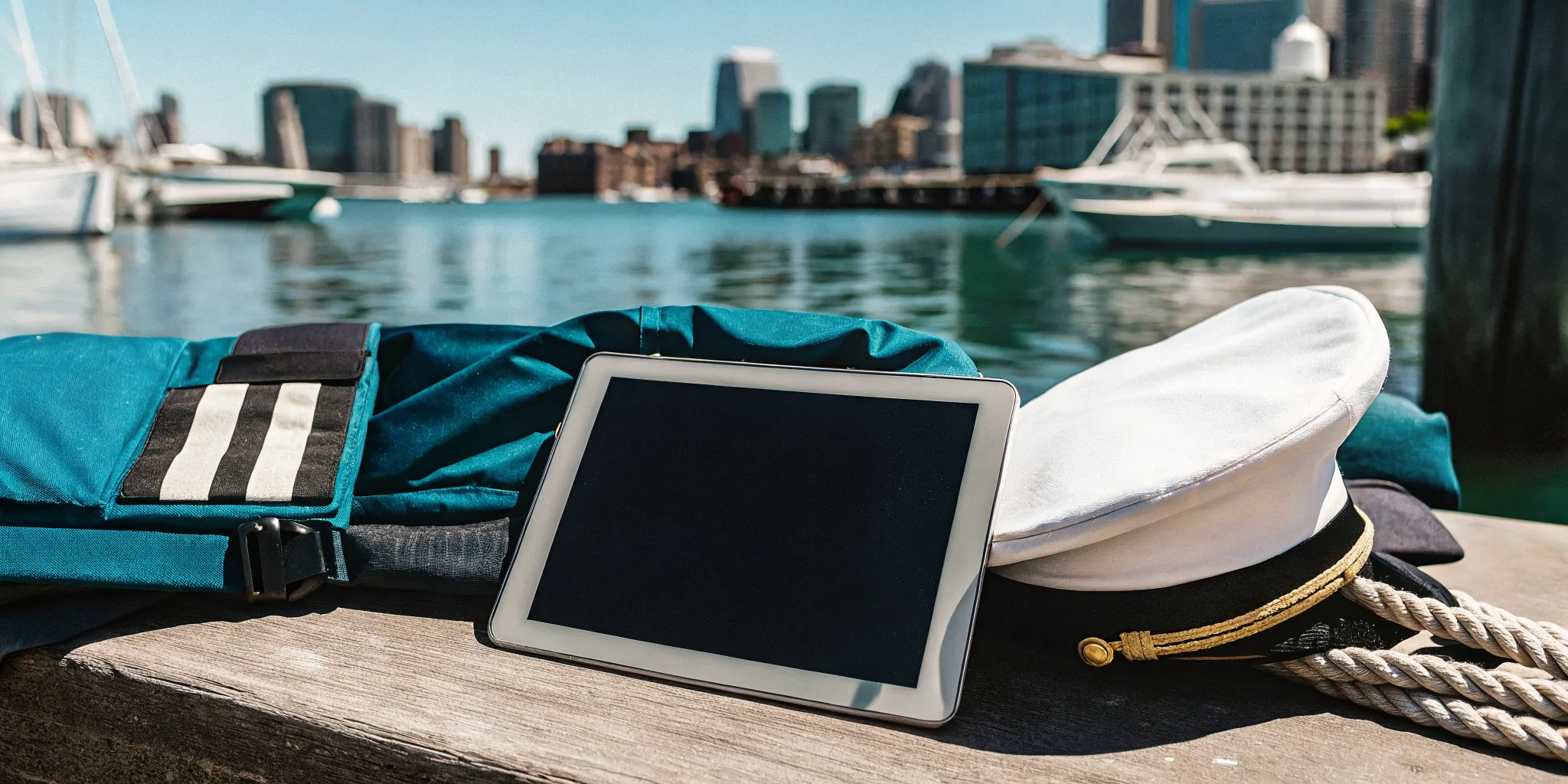 Boater safety certificate and navigation equipment on a dock with Boston skyline in the background at a New England harbor