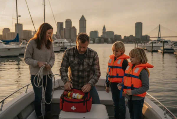 Massachusetts family preparing safety gear on a motorboat