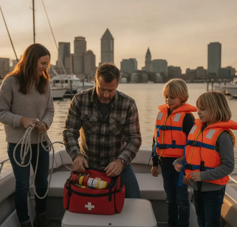 Massachusetts family preparing safety gear on a motorboat
