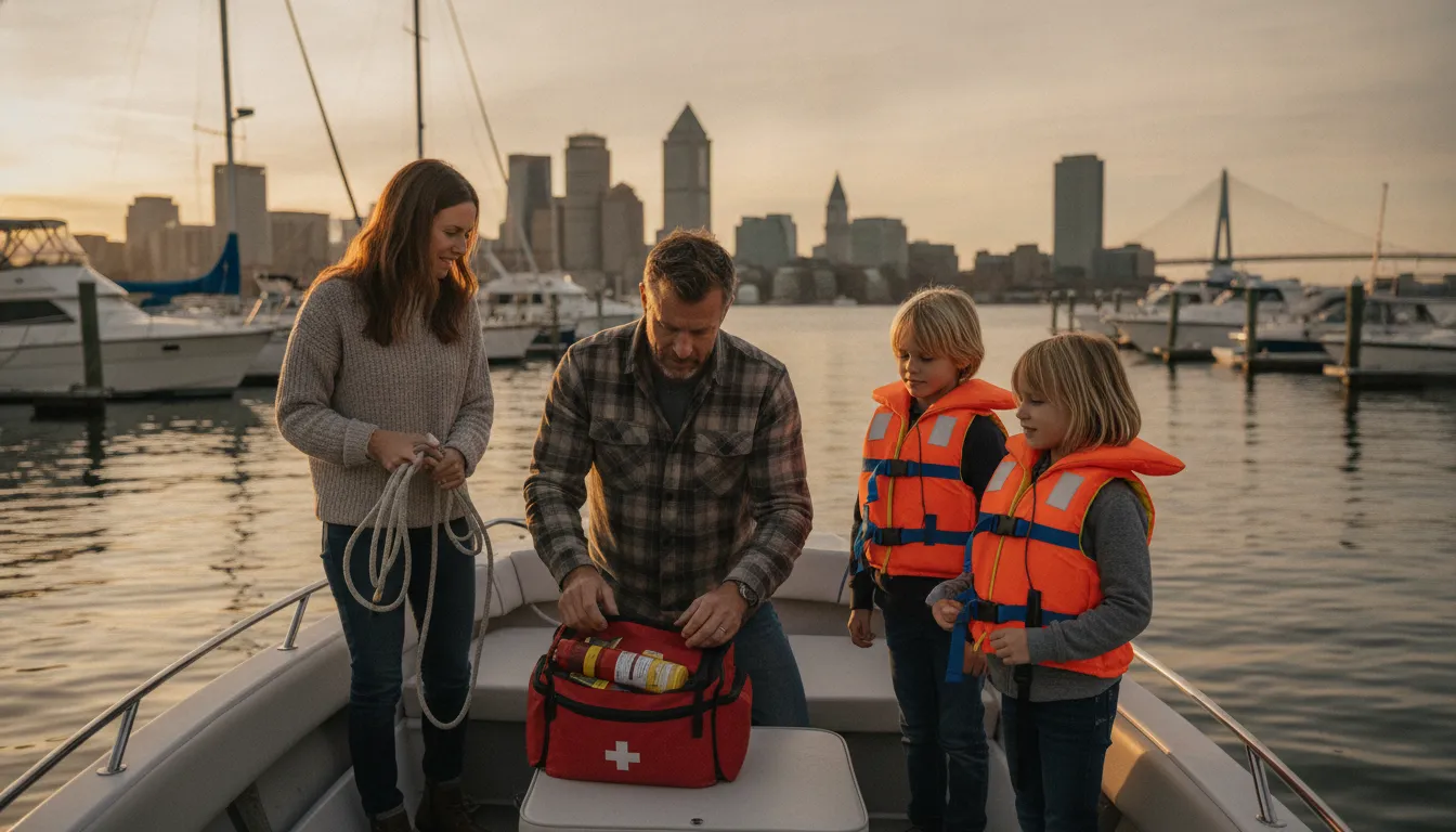 Massachusetts family preparing safety gear on a motorboat