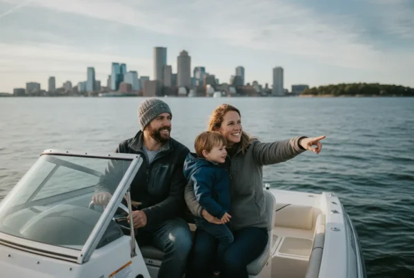 Family enjoying a daytime powerboat outing on Boston Harbor
