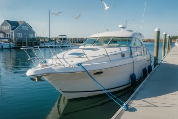 A clean modern white powerboat at a sunny New England marina dock, ready for members to boat