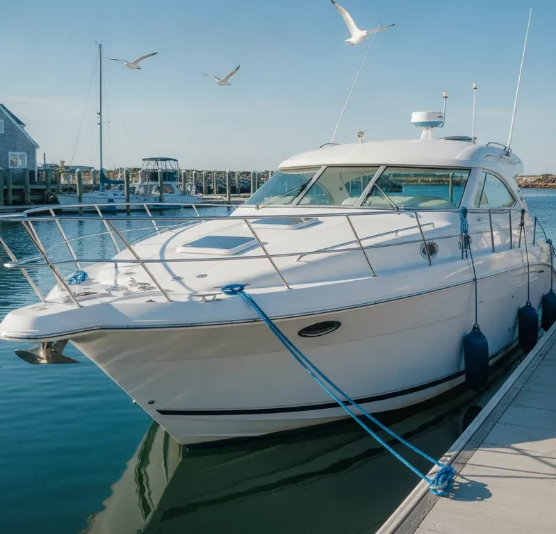 A clean modern white powerboat at a sunny New England marina dock, ready for members to boat