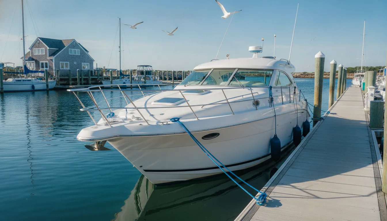 A clean modern white powerboat at a sunny New England marina dock, ready for members to boat