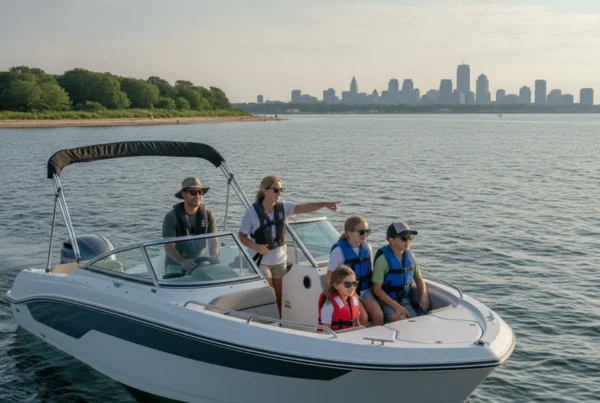 Family boating toward Spectacle Island with the Boston skyline in the background