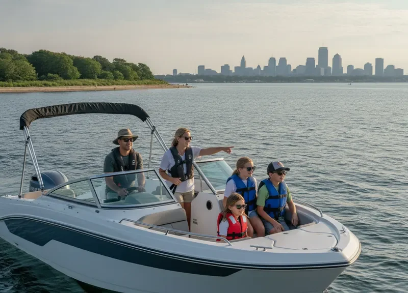 Family boating toward Spectacle Island with the Boston skyline in the background