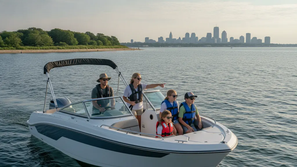 Family boating toward Spectacle Island with the Boston skyline in the background