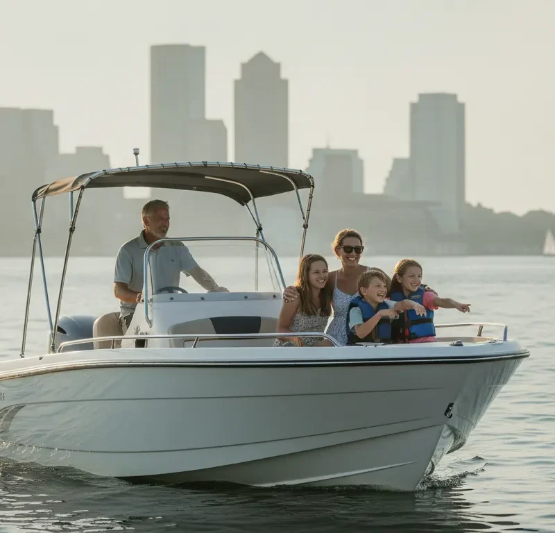 Family enjoying a summer boating day on Boston Harbor