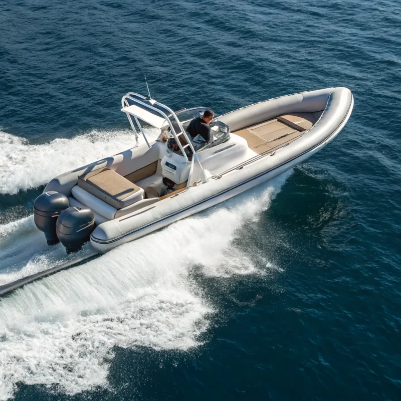 A fast RIB boat with twin engines speeds across the open water.