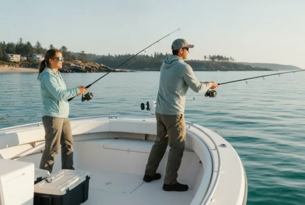 Anglers fishing from a small center-console boat on bright coastal Massachusetts waters