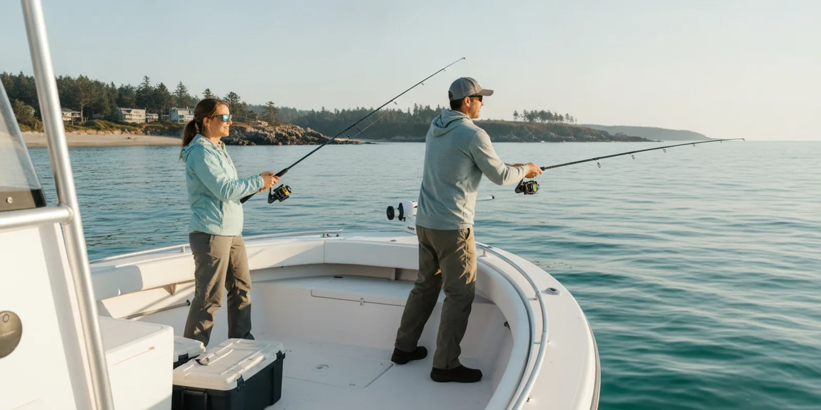 Anglers fishing from a small center-console boat on bright coastal Massachusetts waters