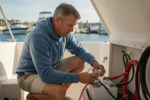 Boater inspecting a clean marine battery and cable connections aboard a boat