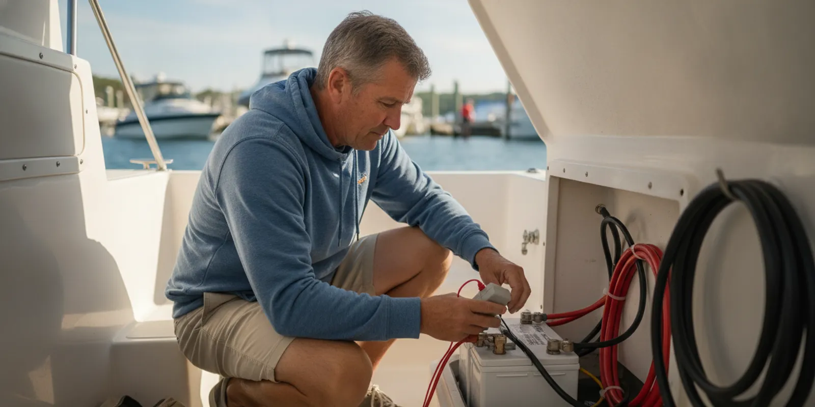 Boater inspecting a clean marine battery and cable connections aboard a boat