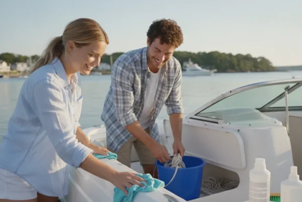 Boaters rinsing and wiping down a clean boat at a Massachusetts marina after an outing