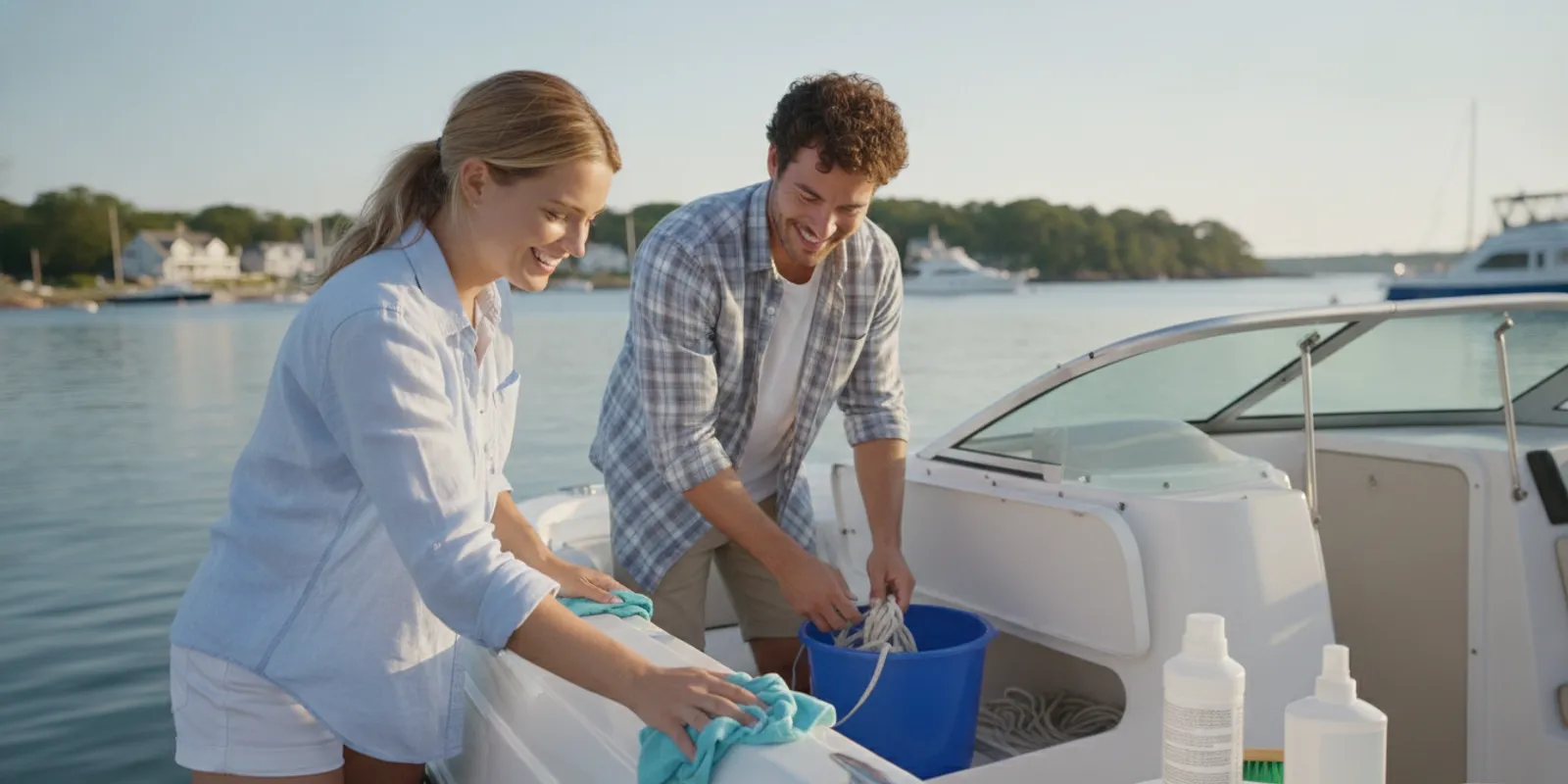 Boaters rinsing and wiping down a clean boat at a Massachusetts marina after an outing