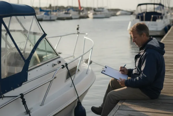 Boater reviewing paperwork beside a docked boat in a Massachusetts harbor
