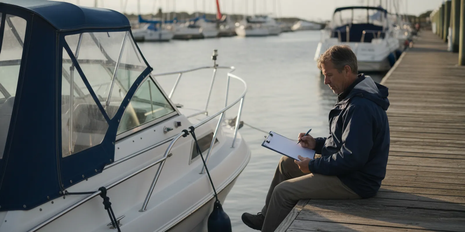 Boater reviewing paperwork beside a docked boat in a Massachusetts harbor