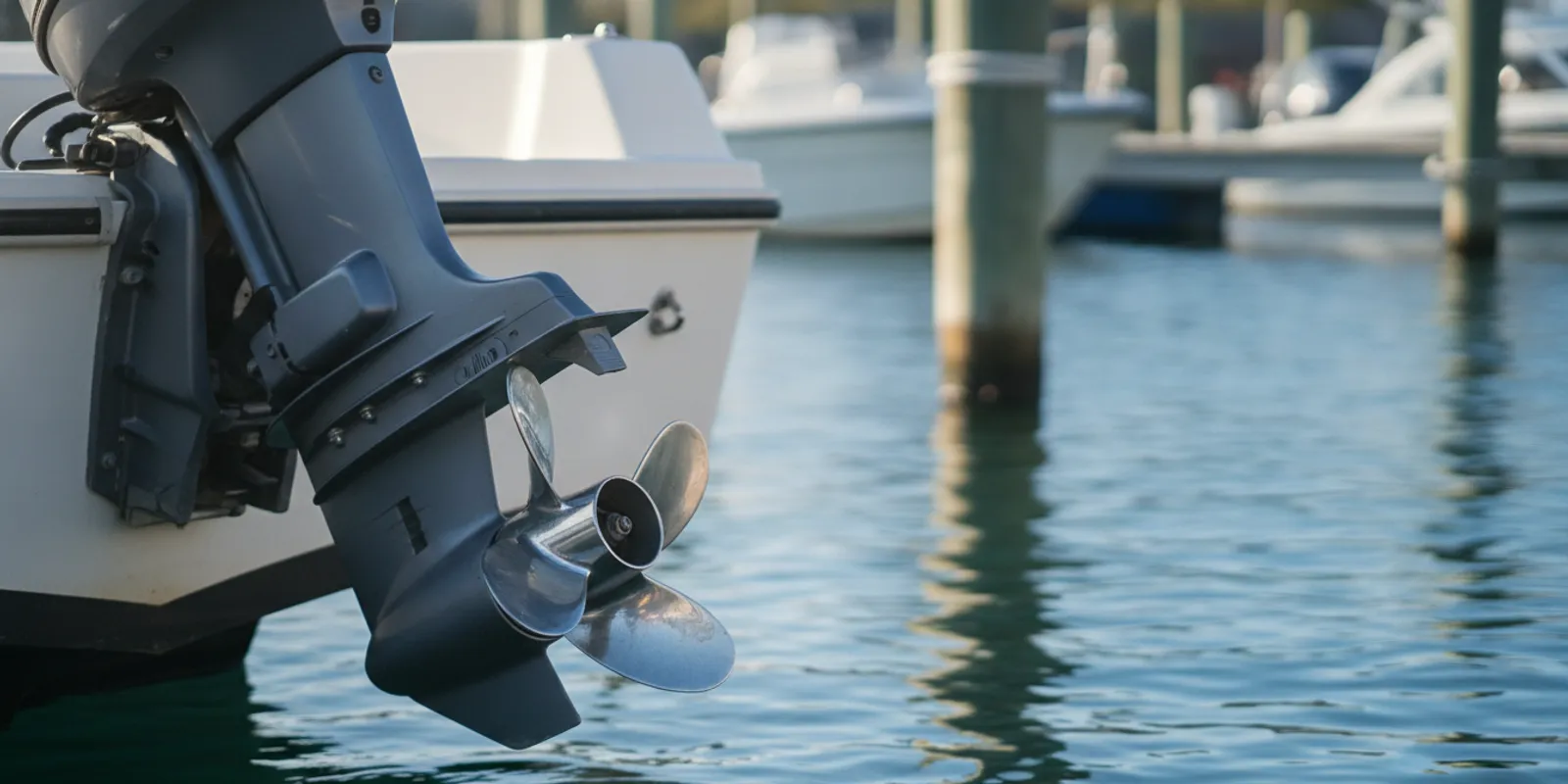 A recreational boat propeller viewed beside a boat at a bright marina