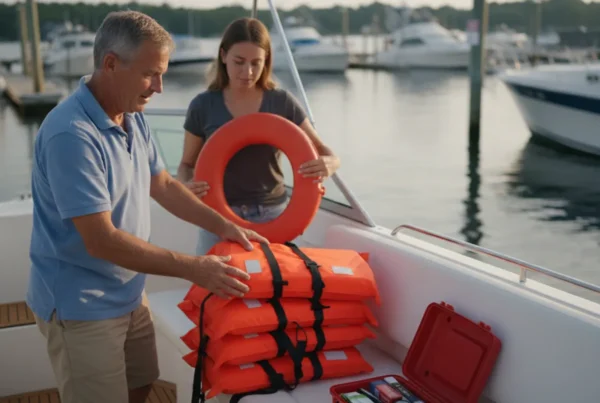 Boater checking life jackets and safety gear aboard a boat in a Massachusetts harbor